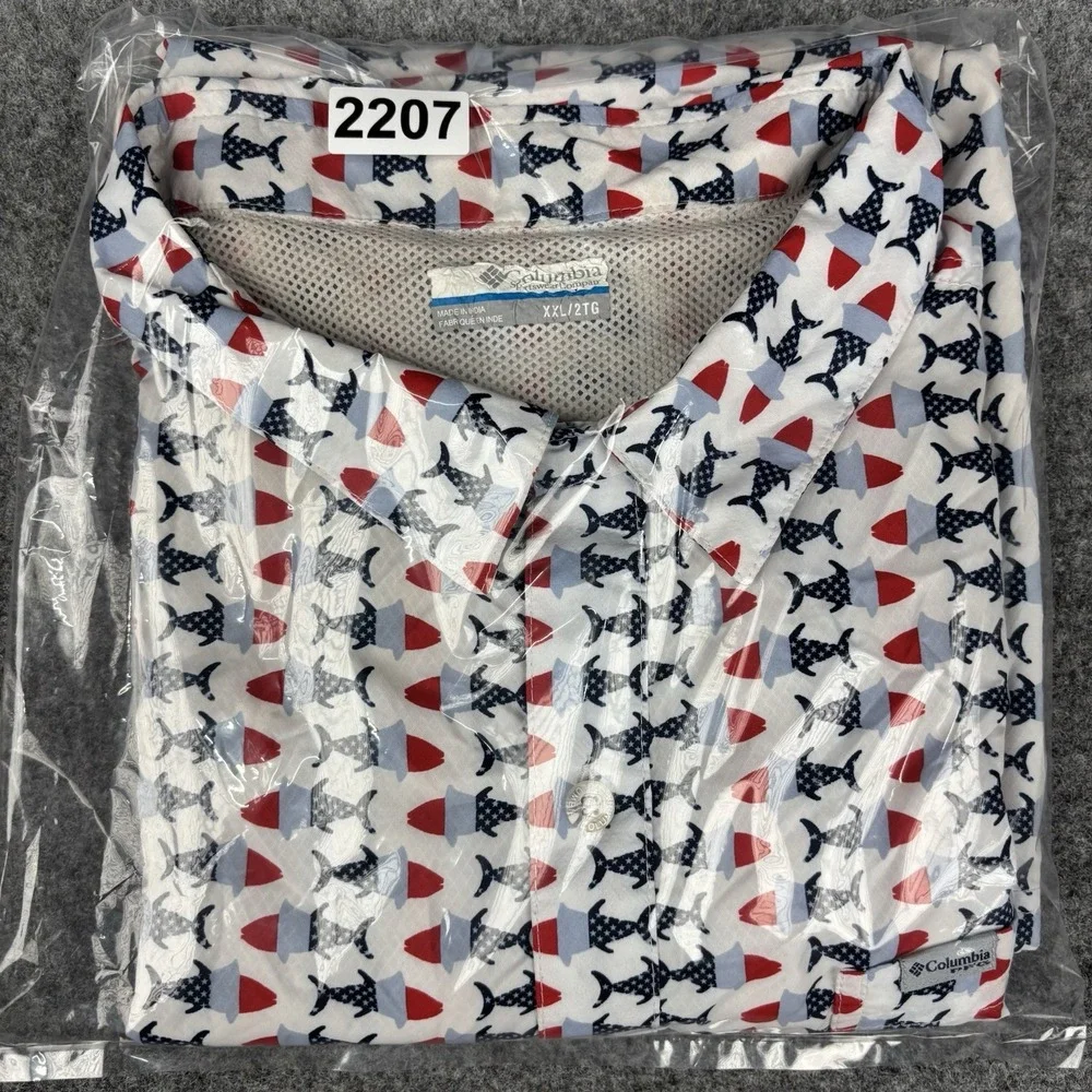 Columbia PFG Fishing Shirt Mens 2XL Red White Blue‎ All Over Print Fish Outdoors